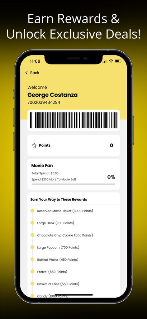 Santikos app loyalty program screen showing user points and redeemable movie rewards like tickets and popcorn