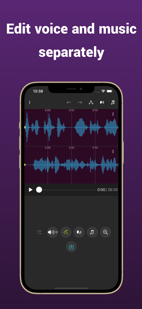 Add Music To Voice - Smartphone display showing the app interface with separate audio waveforms for voice and music recordings