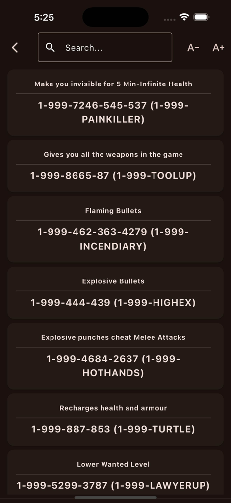 GTA 5 Cheat Codes & Missions - Interfaccia dell'app Codici Trucco di GTA 5 che mostra vari trucchi di gioco come salute e armi su uno sfondo scuro