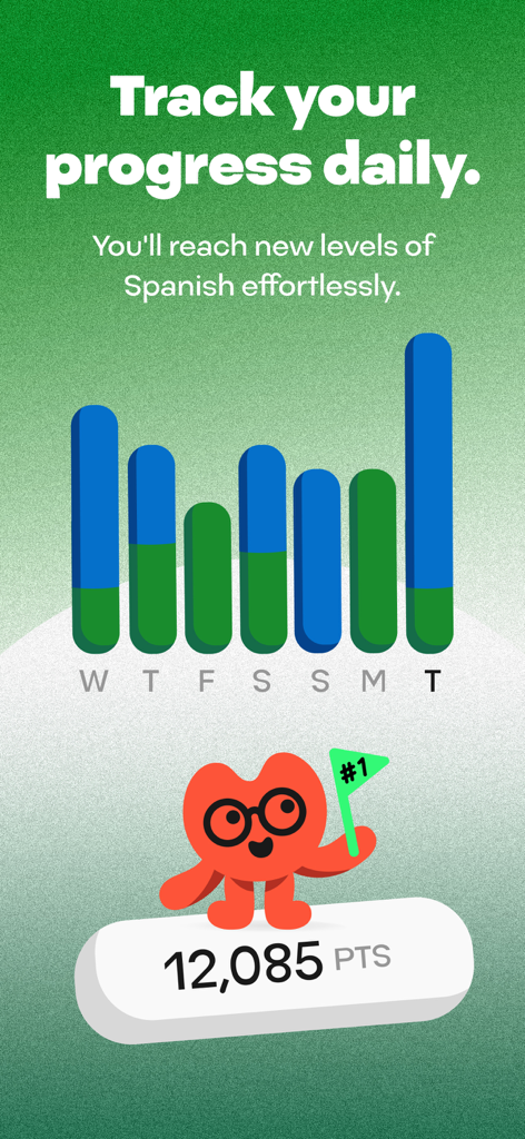 Unedo: Spanish Games + Stories - A progress tracking screen in the Unedo app featuring a daily activity bar chart and a cute red character holding a #1 flag.