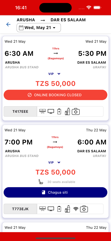 Abood Bus app screen displaying bus schedules and prices from Arusha to Dar Es Salaam