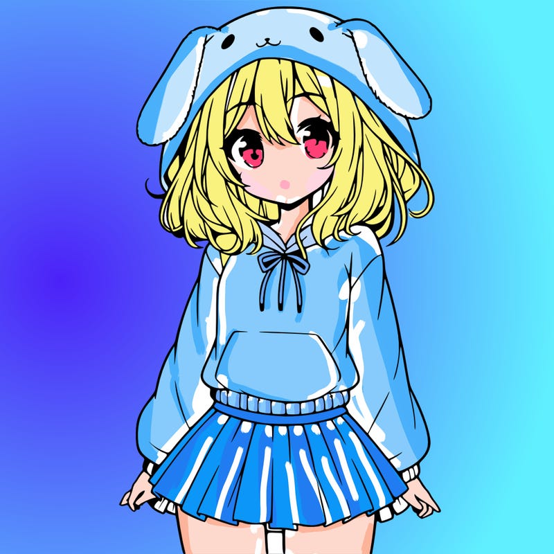 pretty anime girl wearing a fluffy hoodie with bunny ears on the hood and a skirt