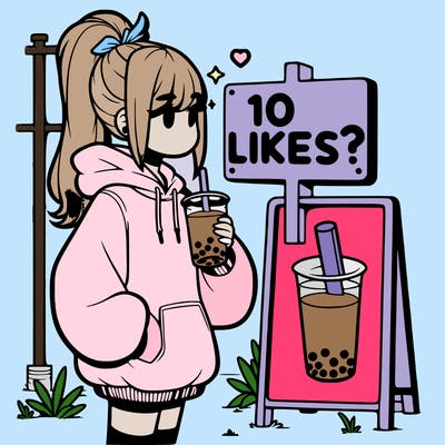 girl with oversized hoodie drinking boba and she has a high ponytail with a sign that says 10likes?