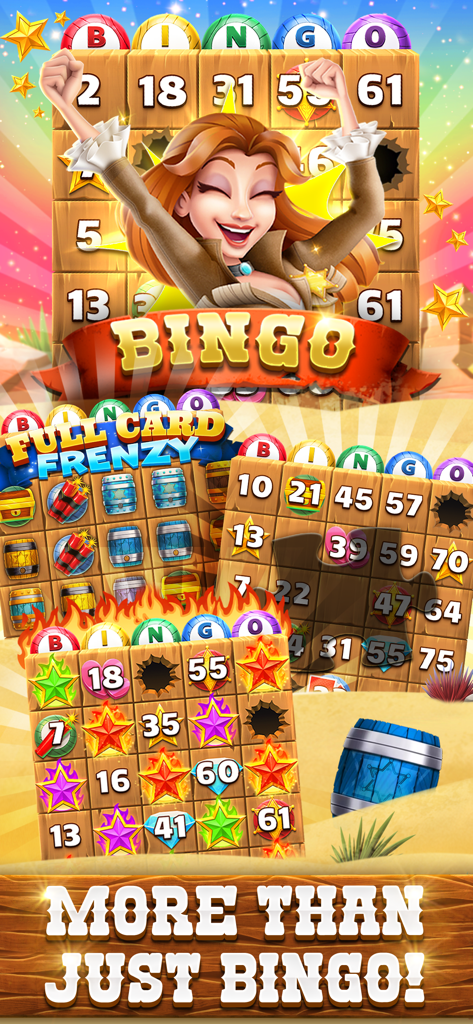 Una vaquera celebrando una victoria de bingo con múltiples cartas de juego en un escenario del Salvaje Oeste.