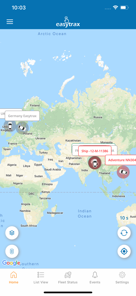 Easytrax GPS Tracking - Easytrax App-Dashboard mit Echtzeit-globaler Fahrzeugverfolgung auf einer Weltkarte