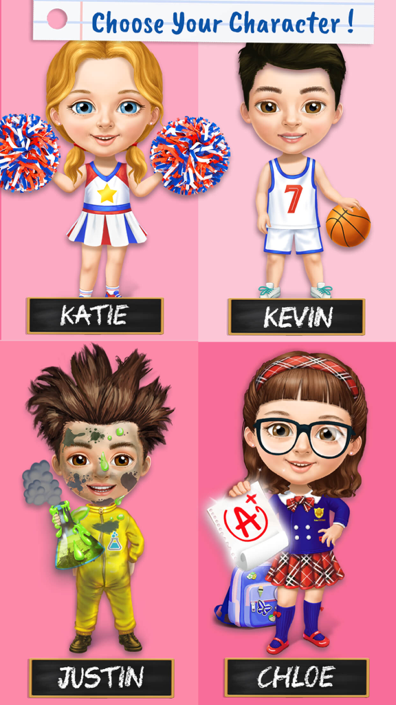 Character selection screen showing Katie Kevin Justin and Chloe in different outfits