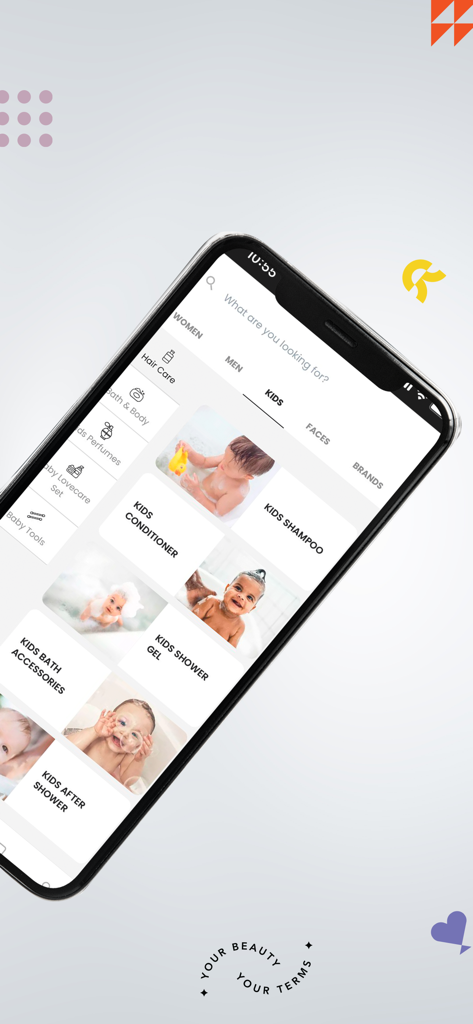 Interfaccia dell'app mobile Feel22 che mostra categorie di prodotti di bellezza e bagno per bambini