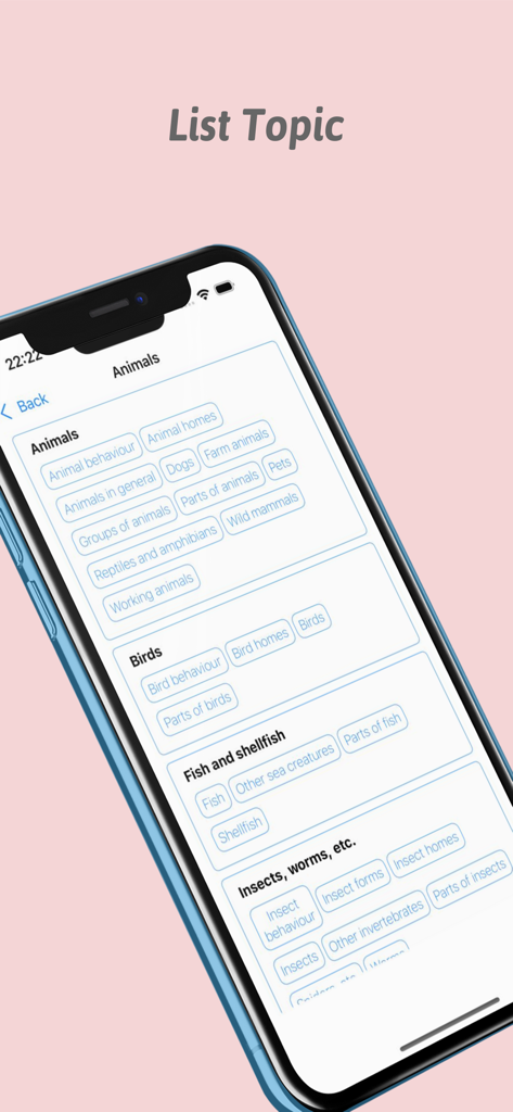 English Learners Dictionary app interface displaying categorized vocabulary topics for animals and birds