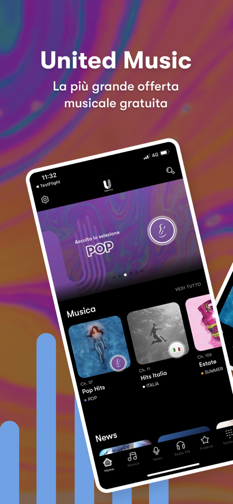 United Music: Musica Gratis - United Music app home screen showing curated Italian music playlists and radio features
