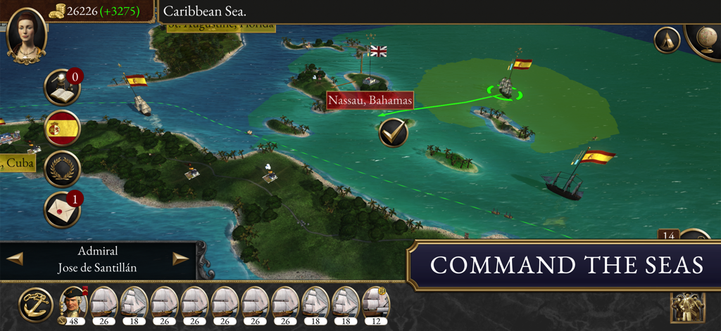 Total War™: EMPIRE - Strategic map of the Caribbean in Total War EMPIRE featuring a Spanish naval fleet near Nassau and Cuba