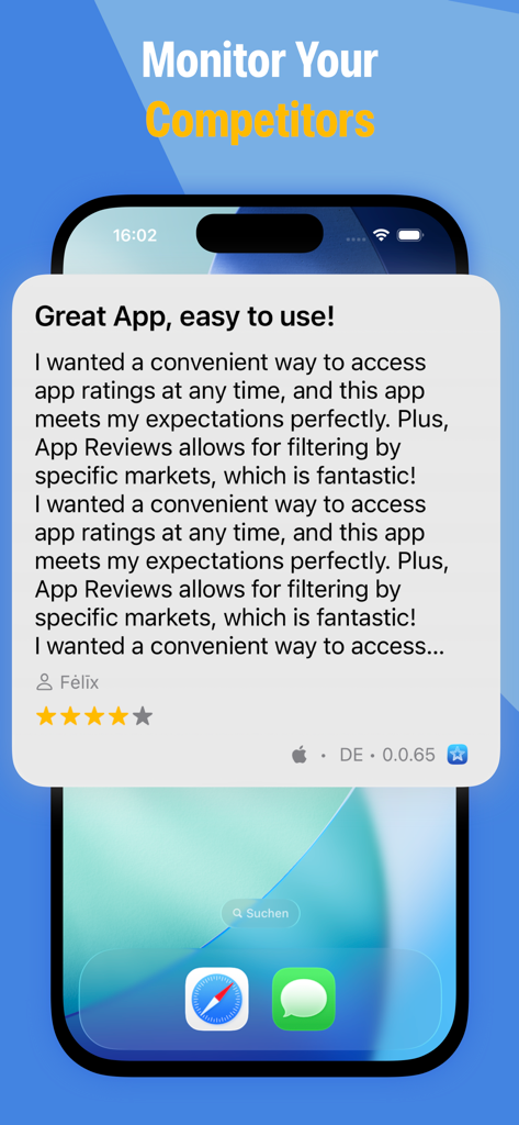 App Reviews - iOS & Android - Tela do iPhone exibindo um cartão de review de usuário para monitoramento de concorrentes dentro do aplicativo Reviews de Apps