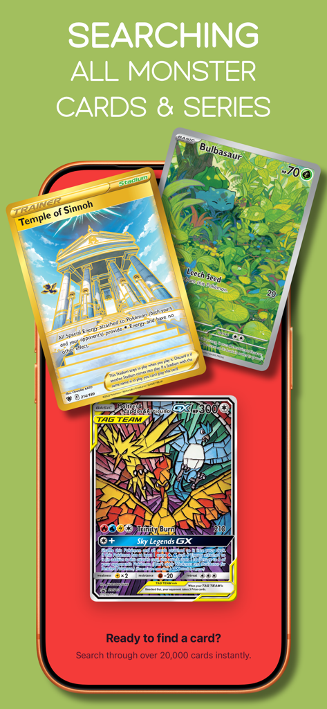 TCG Card Scanner: Value - A mobile app screen highlighting the search feature for over 20,000 monster cards including rare Pokemon TCG cards