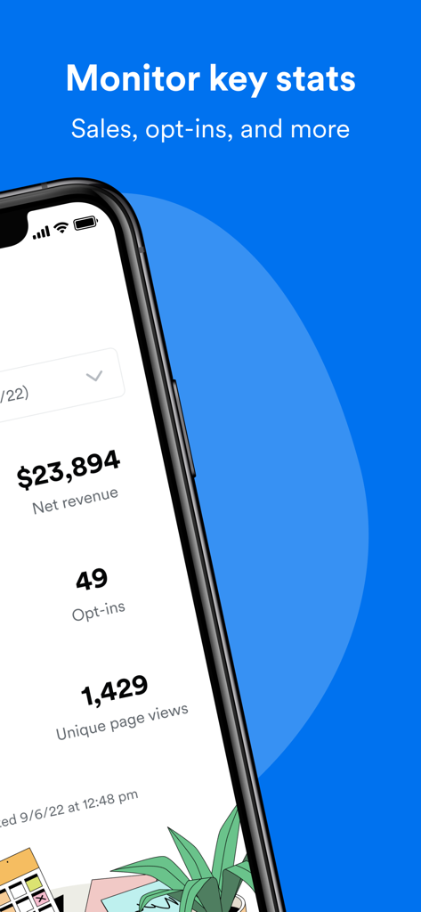 Kajabi Creator - Uno smartphone che visualizza la dashboard dell'app Kajabi Creator con metriche aziendali chiave come entrate nette e iscrizioni
