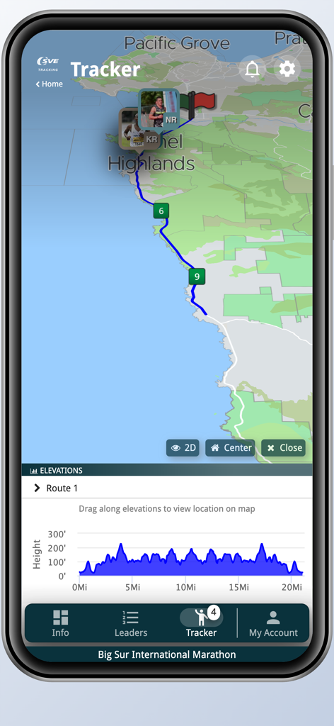 SVE Live! - Live tracking map and elevation chart for the Big Sur International Marathon in the SVE Live app