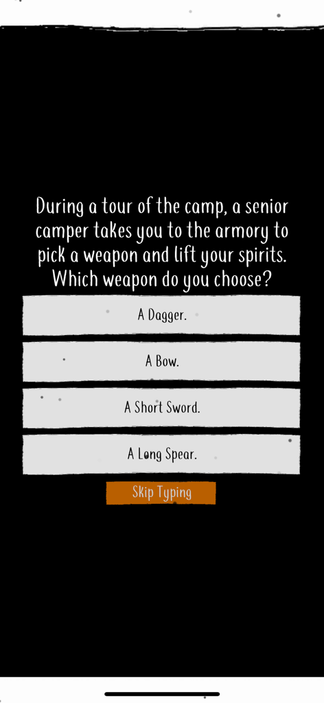Una pregunta de cuestionario de personalidad en la aplicación Psyche Godly Origins que pide al usuario que elija un arma de un arsenal.