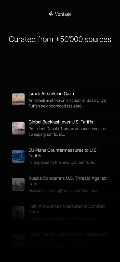 Vantage Media - The Vantage app news feed displaying curated summaries from global sources in a minimalist dark mode interface