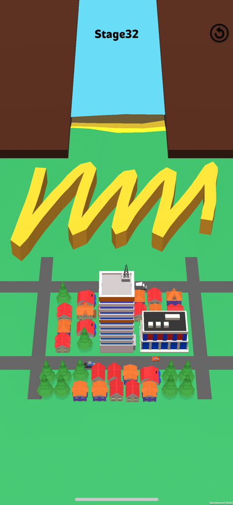 stop the flow! - rescue puzzle - Gameplay di stop the flow che mostra un muro a zigzag giallo disegnato per proteggere una città low poly dal flusso d'acqua