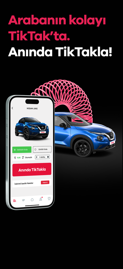 TikTak - TikTak mobile app screen displaying a blue car with minute and daily rental options
