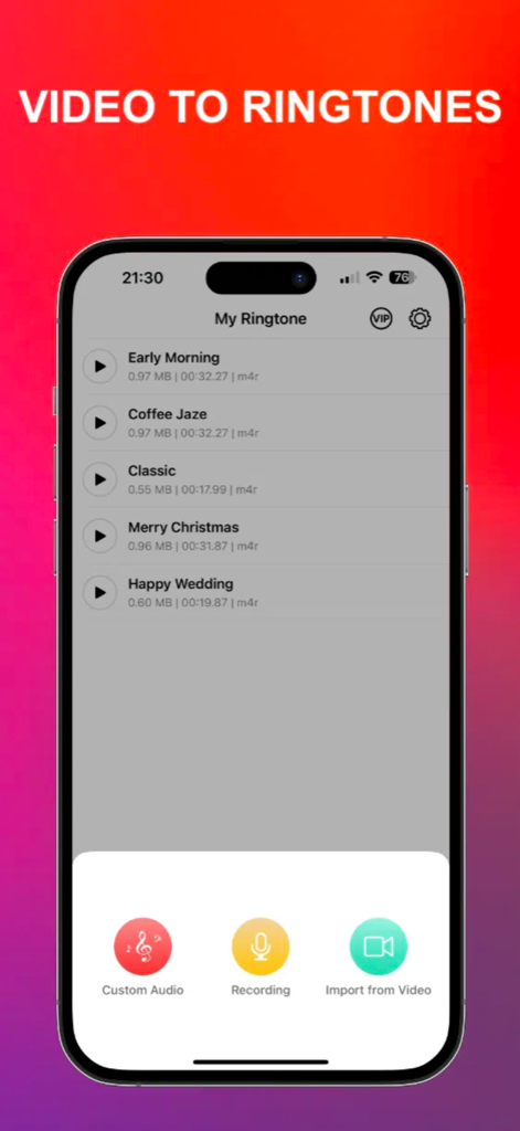 Muse Ringtones - the ring app - Muse Ringtones app interface showing a list of saved ringtones and a video import button