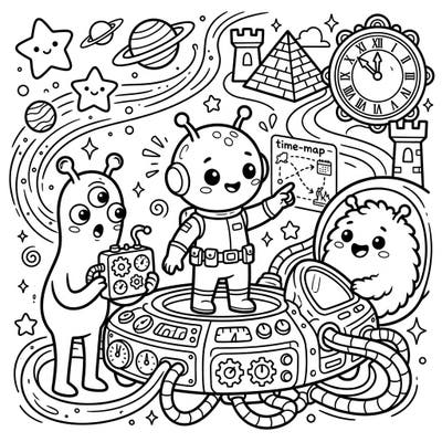 Embark on an epic coloring adventure with these charming alien time travelers! This vibrant scene, perfect for kids, invites young artists to explore cosmic wonders and historical landmarks through their favorite colors.