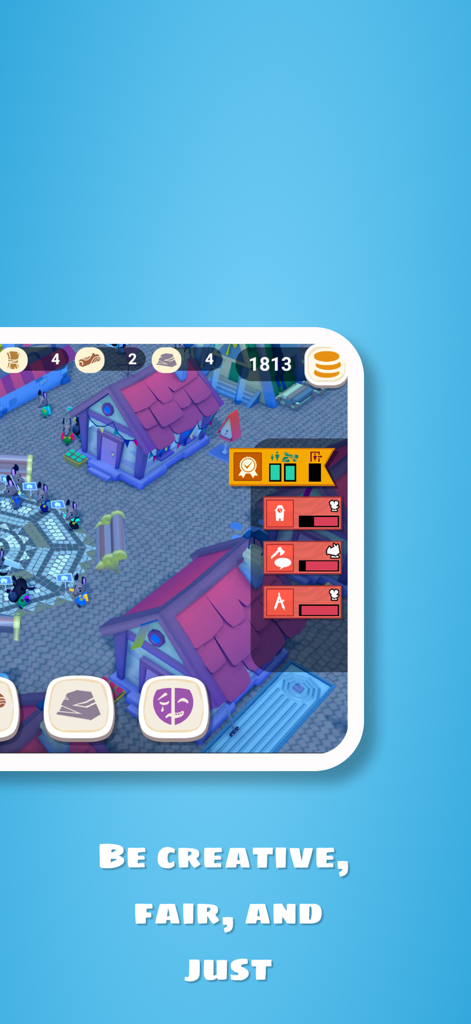 Mayority - Gameplay screenshot of Mayority showing an isometric city view with resource indicators and the text Be Creative Fair and Just