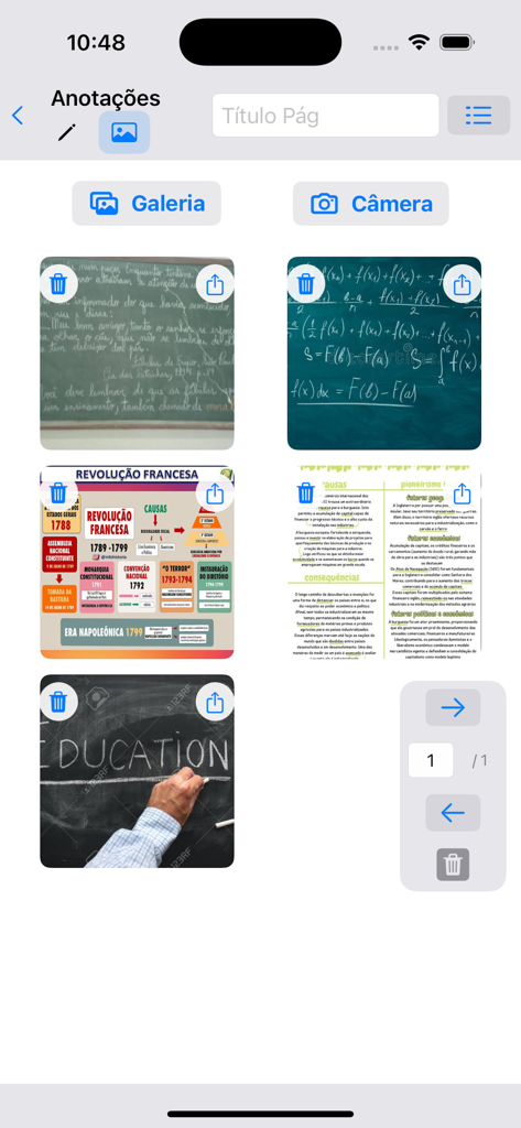 Caderno Digital - Interface of the Caderno Digital app displaying a gallery of classroom photos, chalkboard notes, and educational diagrams organized within a subject.