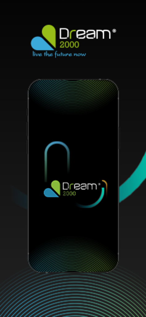 Dream2000 mobile app splash screen with logo and slogan live the future now