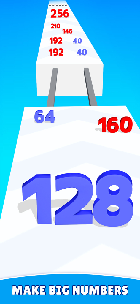 A 3D mobile game screenshot showing a large blue number merging with smaller numbers on a runner track