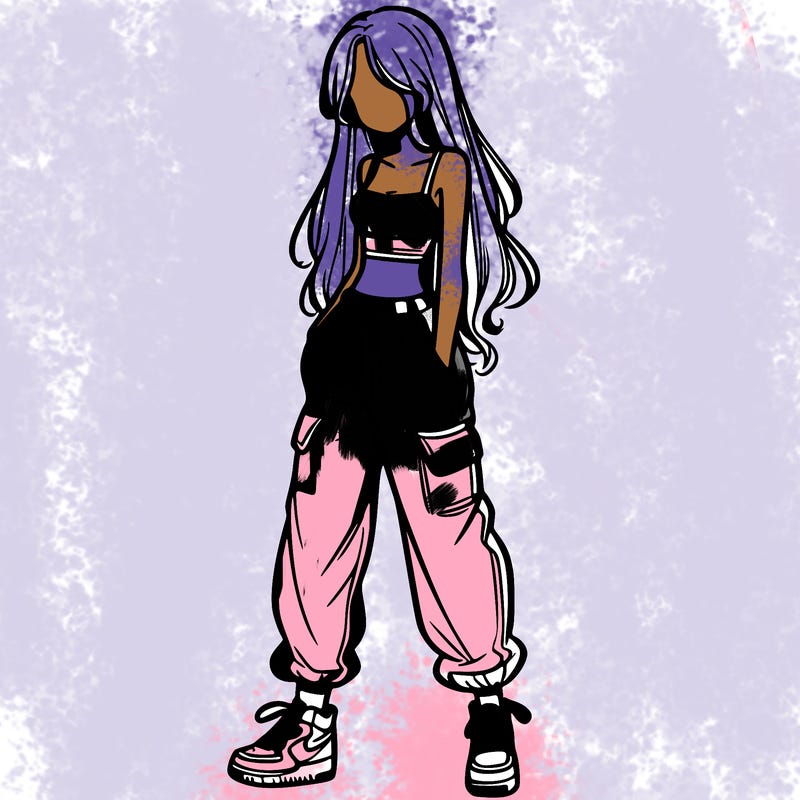 girl in baggy pants crop top and long hair