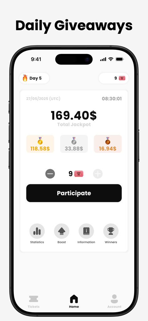 Lotely: Daily Giveaways - Lotely app home screen displaying daily giveaway prizes and a participate button