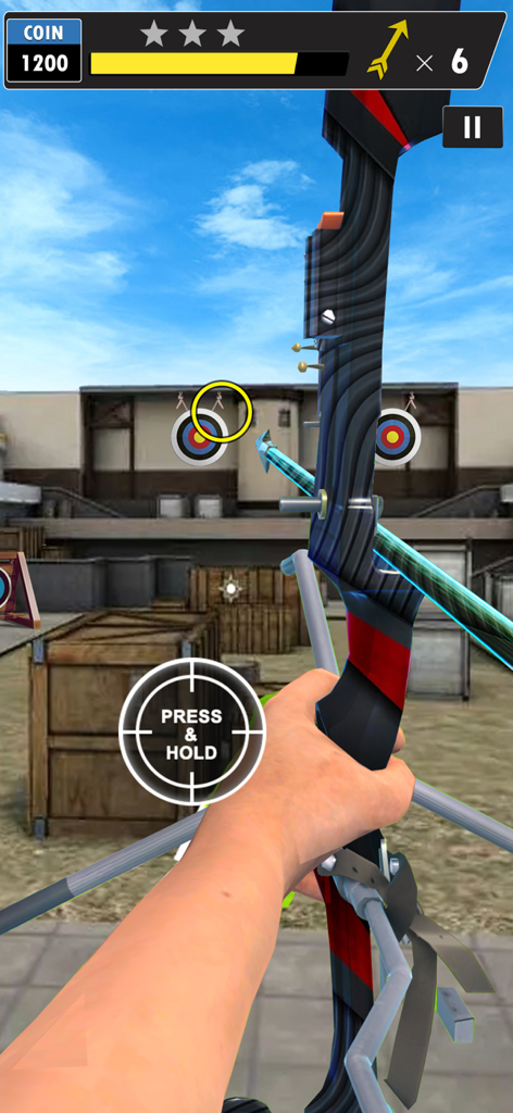 First person perspective of aiming a modern bow at target boards in a 3D archery game.
