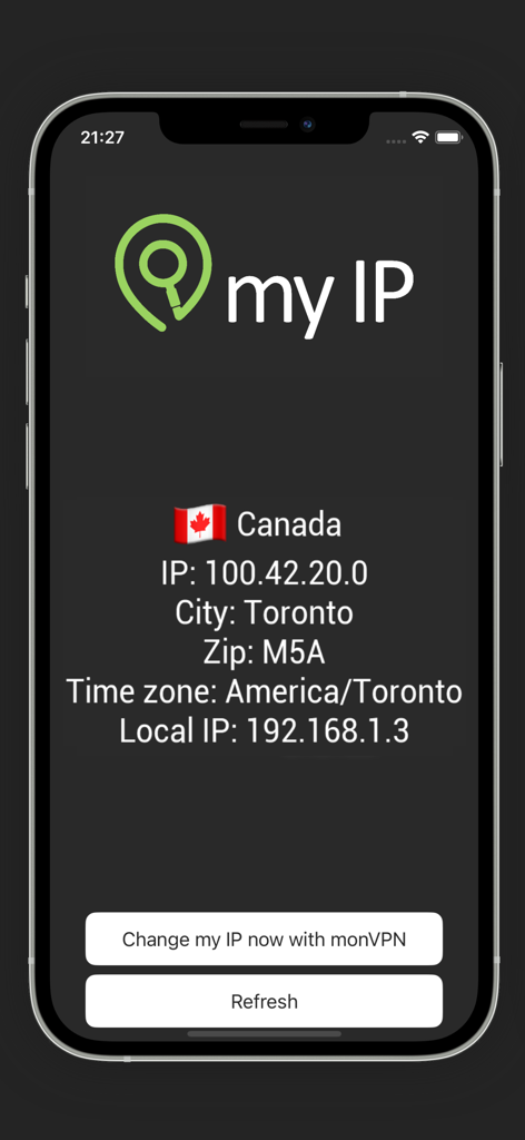 My IP - Find & Show IP Address - Interfaccia dell'app My IP su iPhone che mostra indirizzo IP pubblico e locale più dettagli sulla posizione di Toronto