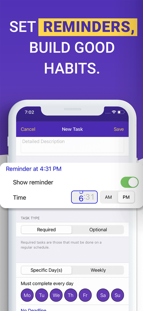 Interface of the Chores and Rewards app showing how to set task reminders and schedules for children to build good habits.