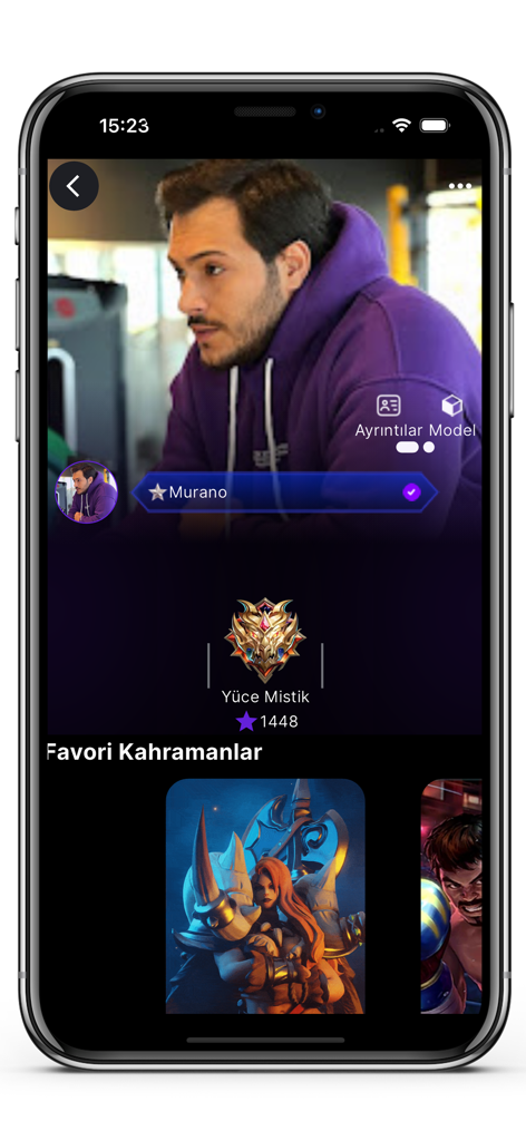 BBML Build - BBML Build app screen displaying a creator profile with Mythic rank and favorite Mobile Legends heroes