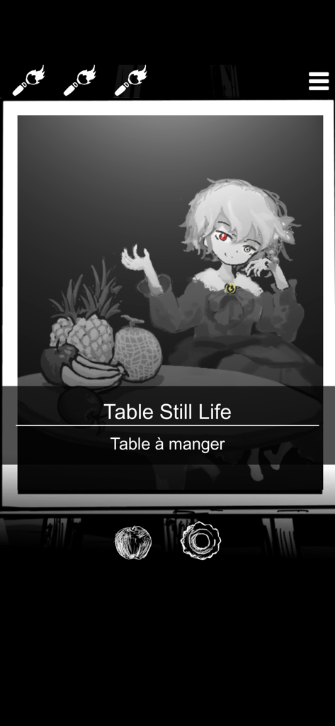 Death Palette - Matsuro - Grayscale art of a girl with one red eye sitting at a table with fruit