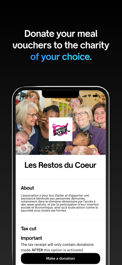 Swile app interface for donating meal vouchers to charities.