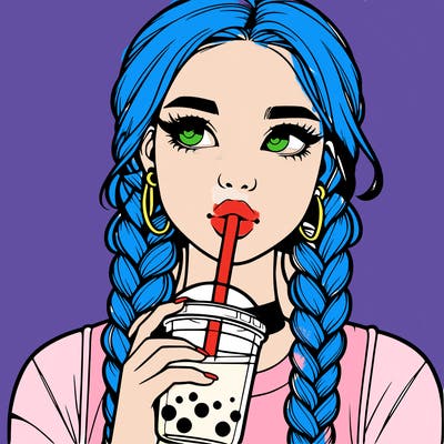 realistic girl with braided hair drinking boba