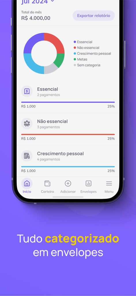Schermata dell'app mobile che mostra le spese finanziarie categorizzate in buste digitali con un riepilogo grafico a torta colorato.