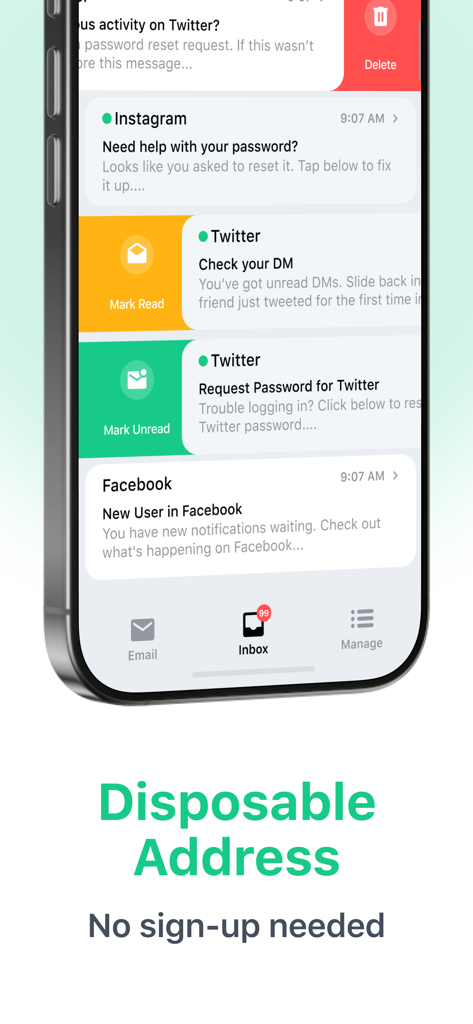 iPhone-Bildschirm, der den Posteingang der Temp Mail App mit Wegwerf-E-Mail-Benachrichtigungen und dem Text 'Wegwerfadresse – Keine Anmeldung erforderlich' zeigt