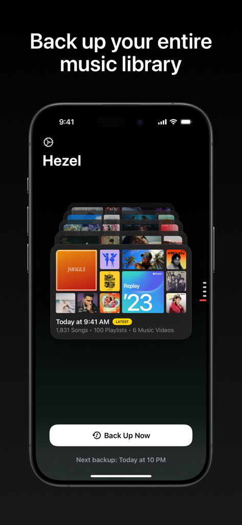 Hezel for Apple Music - Hezel app screen on iPhone showing the option to back up an entire music library including playlists and songs