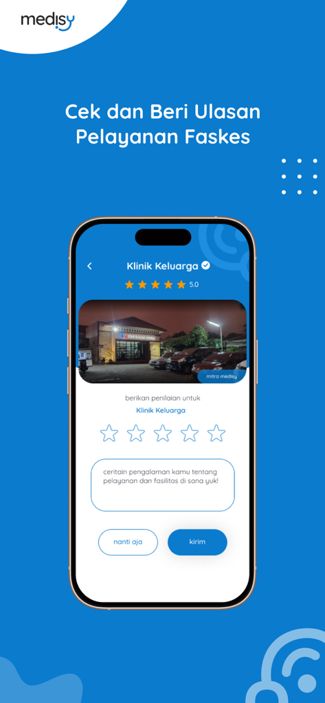 Medisy - Medical Records - Interface de l'application Medisy montrant un écran d'évaluation et de notation pour une clinique de soins de santé.