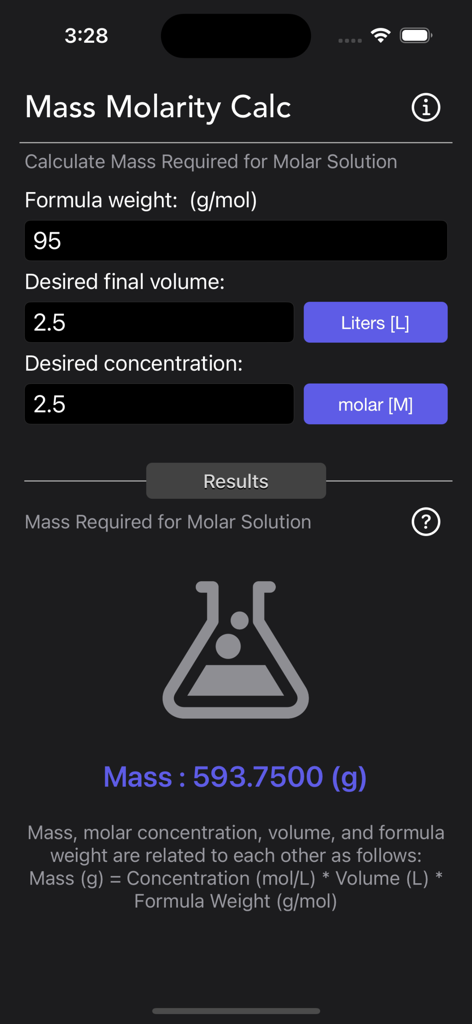 Interface of the Mass Molarity Calculator app showing a calculation result for mass required for a molar solution.