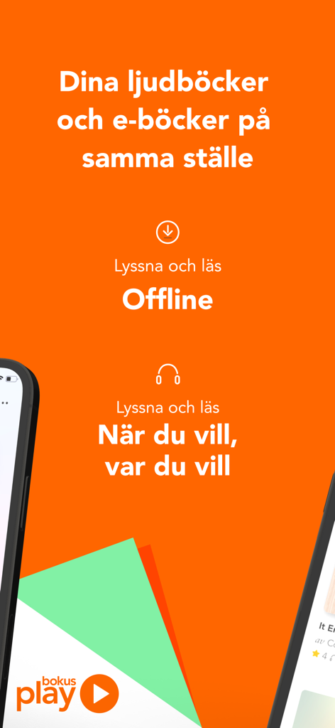 Bokus Play app promotional screen in Swedish highlighting offline listening and reading for audiobooks and e-books.