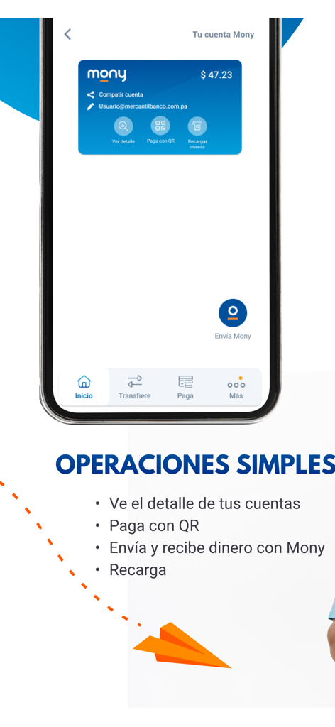 Mercantil Banco Panamá - Interface of the Mercantil Banco Panama app showing the mony digital account with features like QR payments and international money transfers