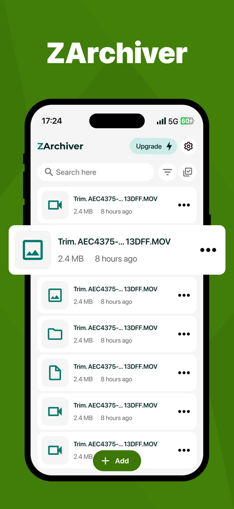A screenshot of the ZArchiver app showing a file manager interface with a list of video files on an iPhone.