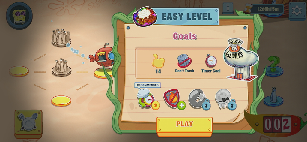 SpongeBob: Get Cooking - Level goals screen in SpongeBob Get Cooking showing mission objectives and a play button