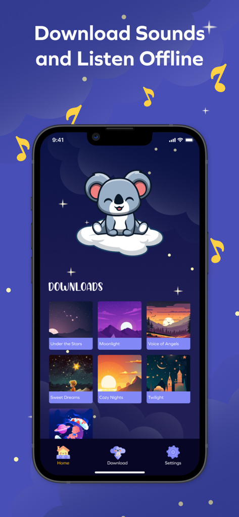 Koko Koala: Baby White Noise - Interfaz de la aplicación Koko Koala para descargar y escuchar sonidos para dormir bebés sin conexión.