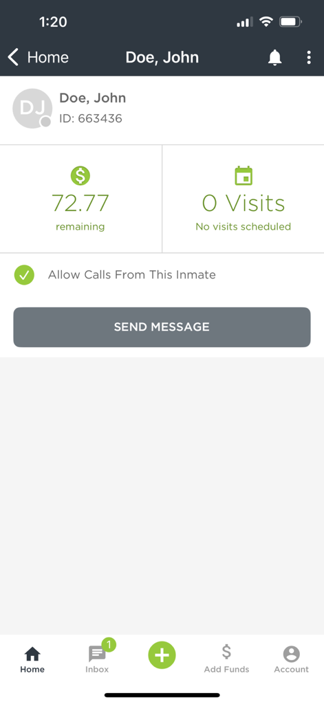 HomeWAV app screen displaying an inmate profile with account balance and a button to send a message.