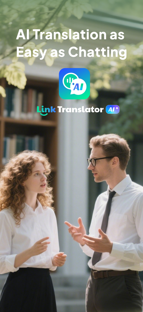 Translate Voice：Ai Chat - Two people talking in a professional setting with Link Translator AI app branding