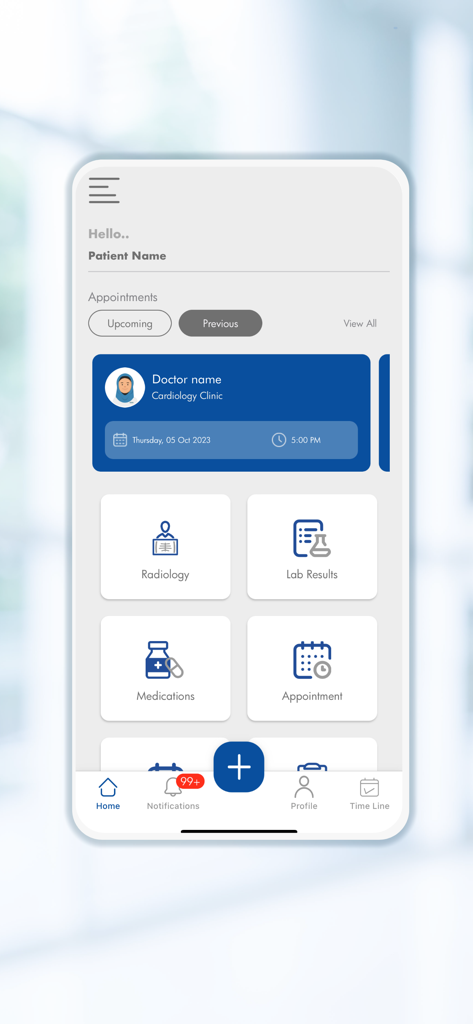 Elite Hospital - مستشفى النخبة - Elite Hospital app home screen displaying patient appointment details and quick access icons for lab results radiology and medications